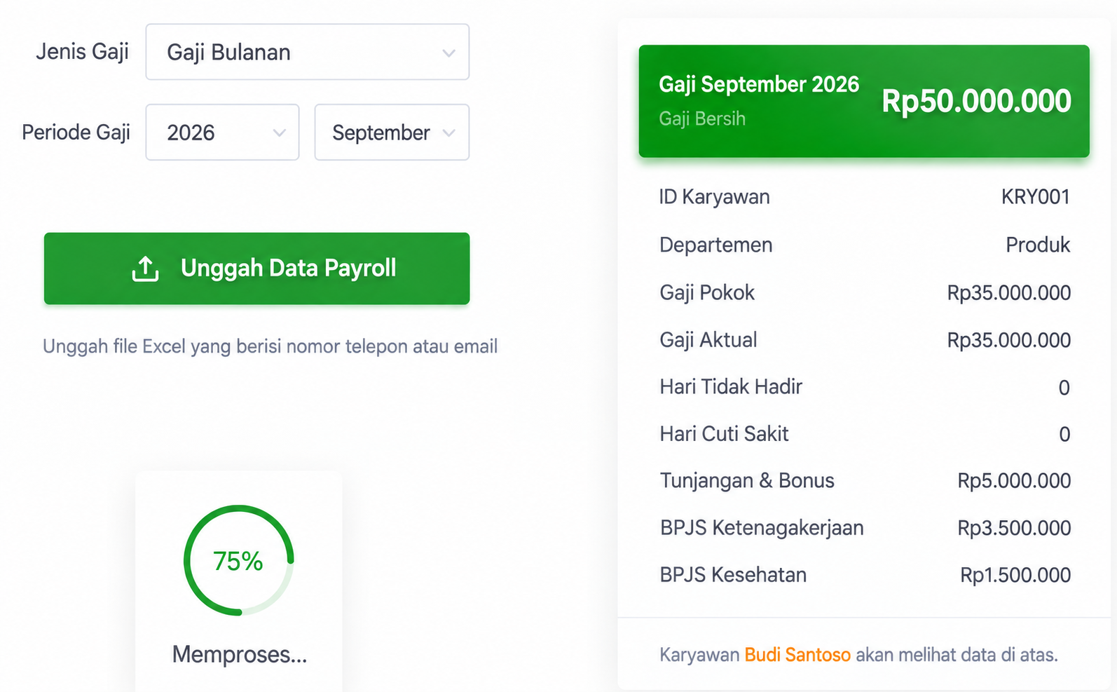 Antarmuka Ant Payslip berbahasa Indonesia untuk mengunggah data payroll Excel dan melihat pratinjau slip gaji