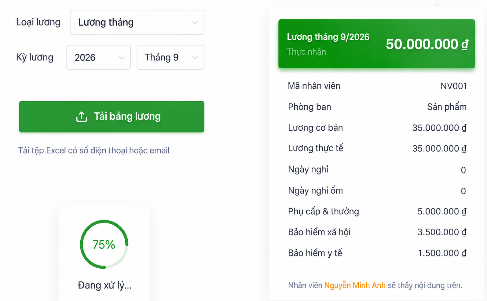 Giao diện Ant Payslip bằng tiếng Việt để tải bảng lương Excel và xem trước phiếu lương