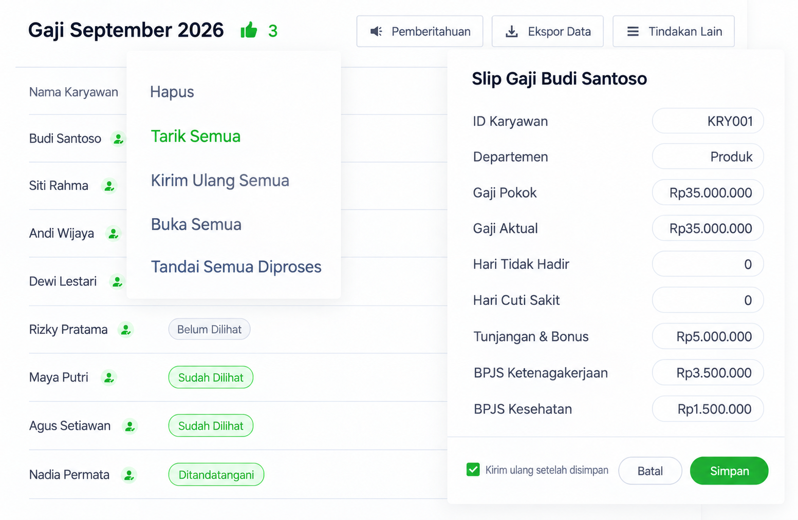 Antarmuka Indonesia untuk menarik dan mengoreksi slip gaji