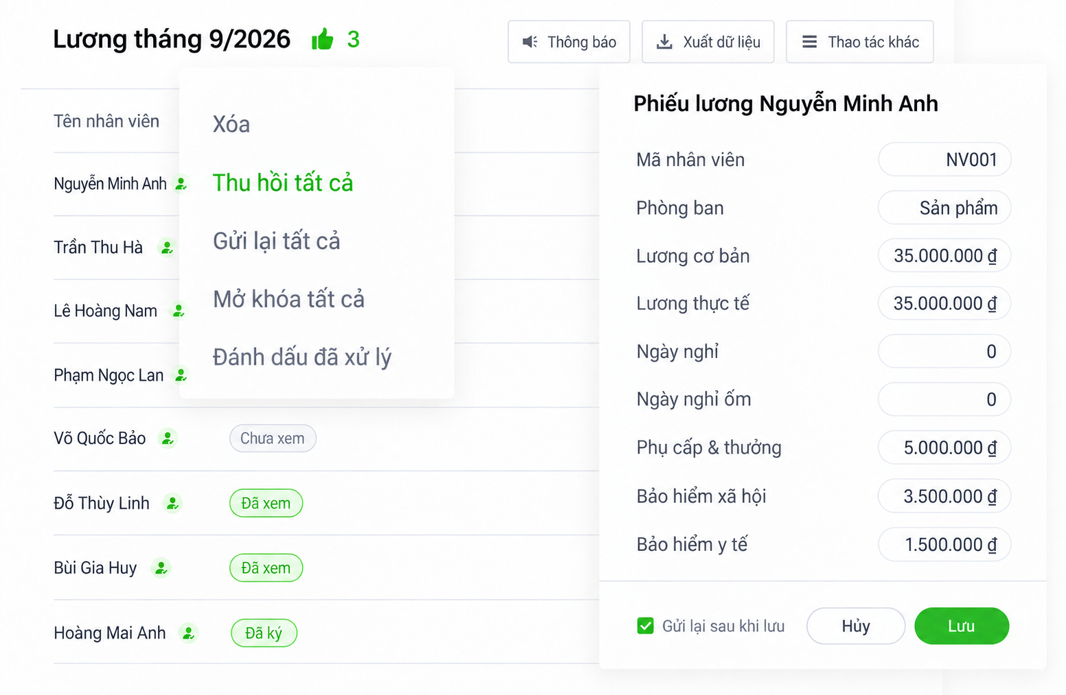 Giao diện tiếng Việt để thu hồi và chỉnh sửa phiếu lương