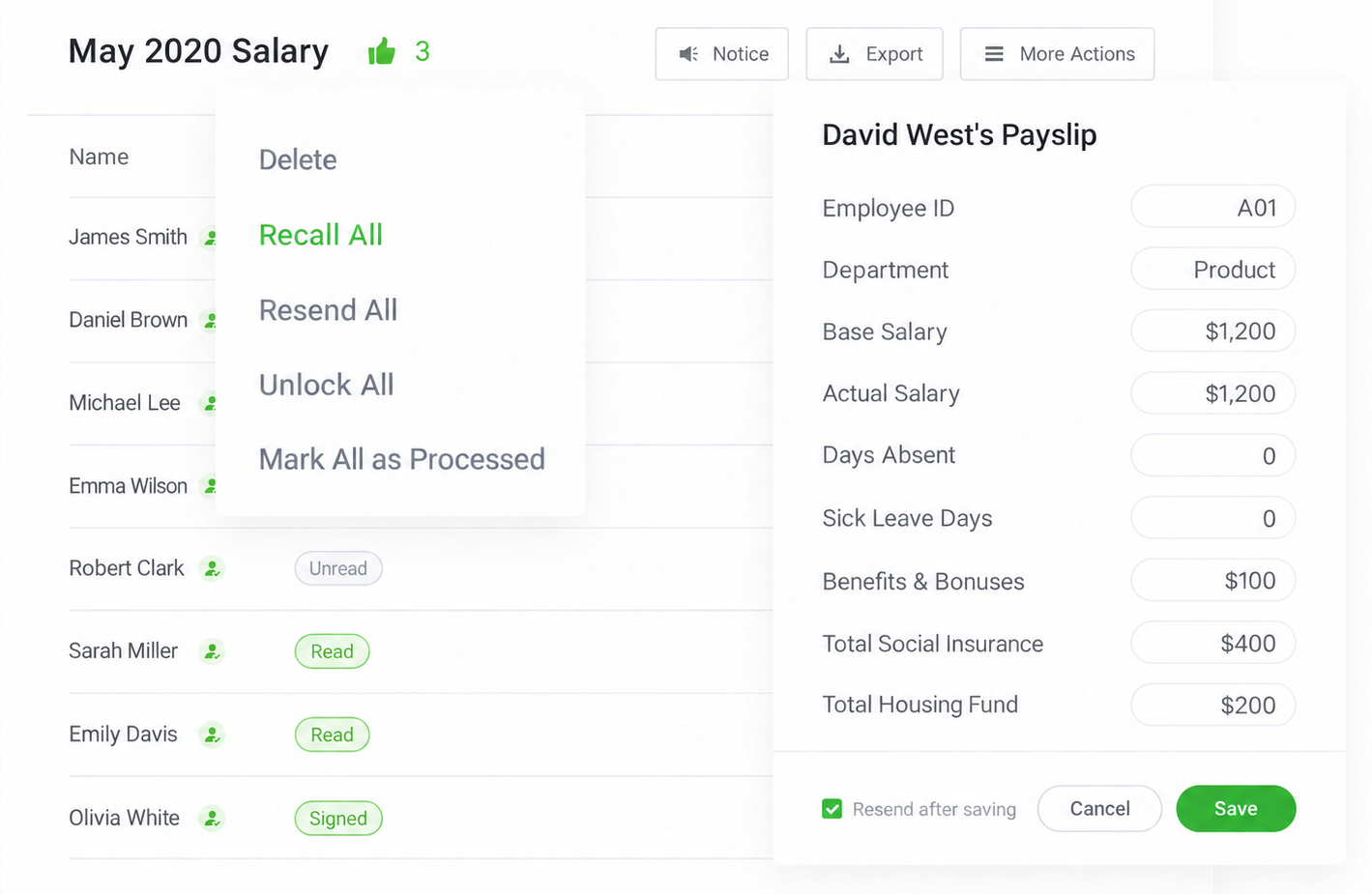 Ant Payslip English recall and payslip editing interface