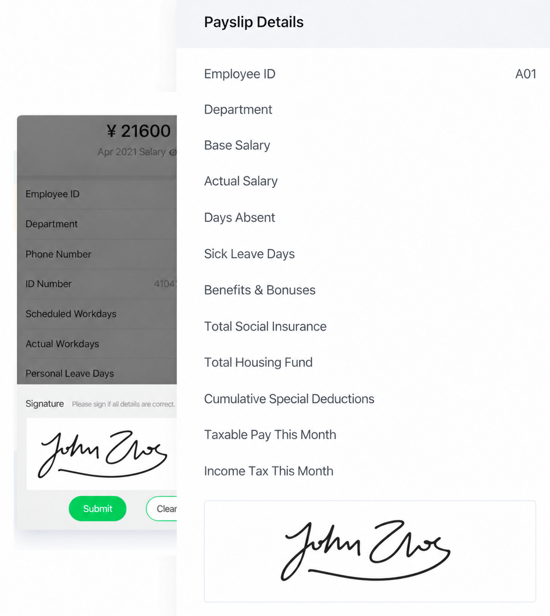 Ant Payslip handwritten signature interface