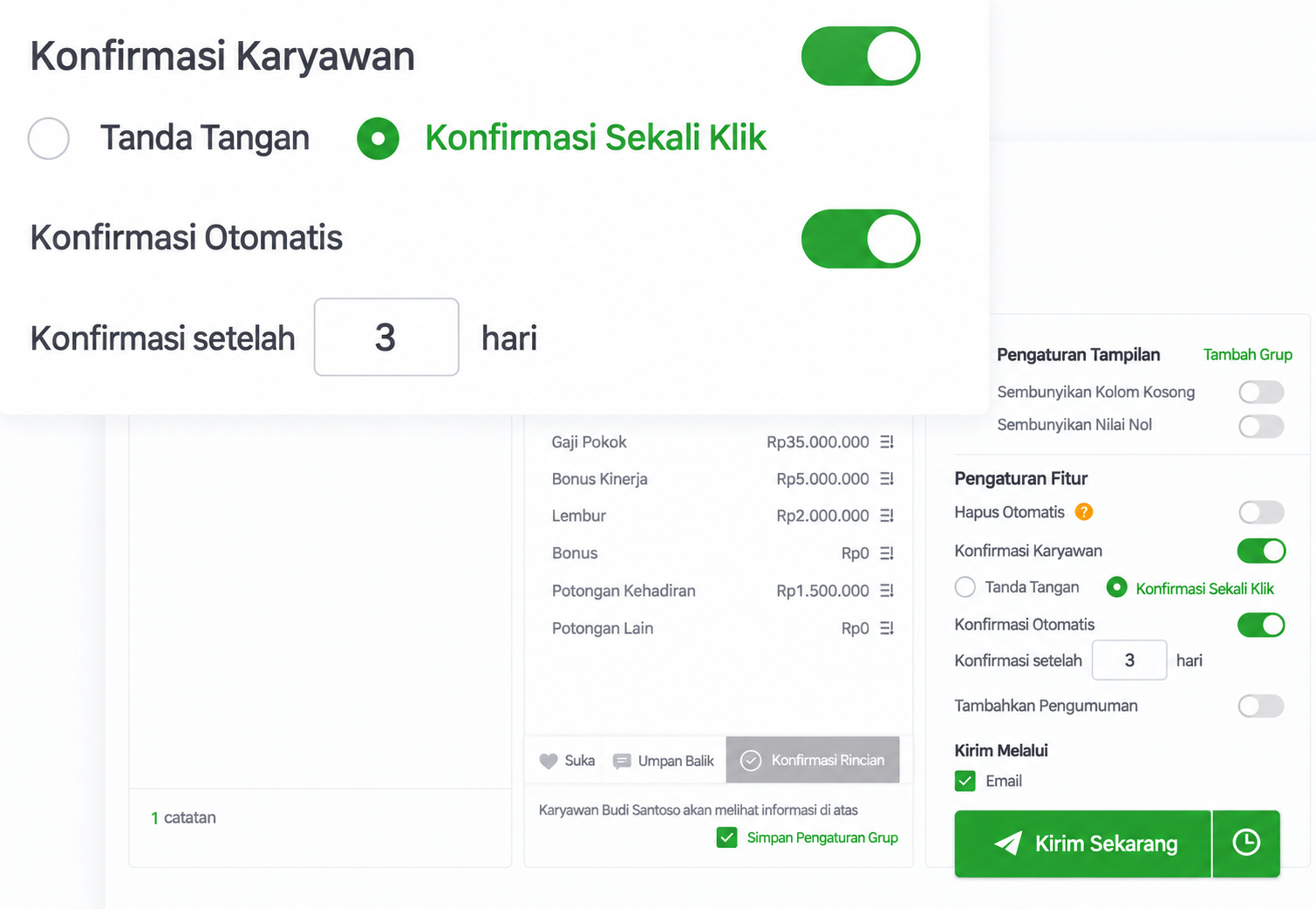 Antarmuka Indonesia untuk konfirmasi sekali klik dan konfirmasi otomatis
