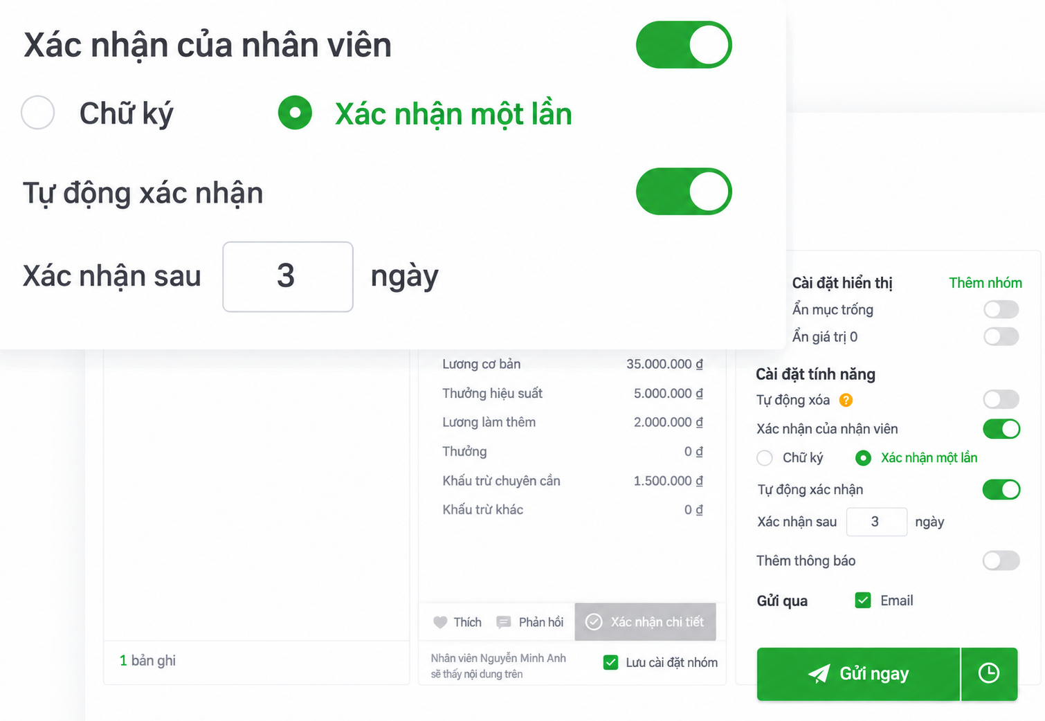 Giao diện tiếng Việt để xác nhận một lần nhấp và tự động xác nhận