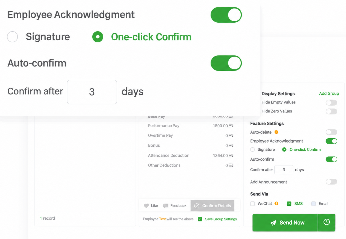 Ant Payslip English one-click acknowledgment and auto-confirm settings